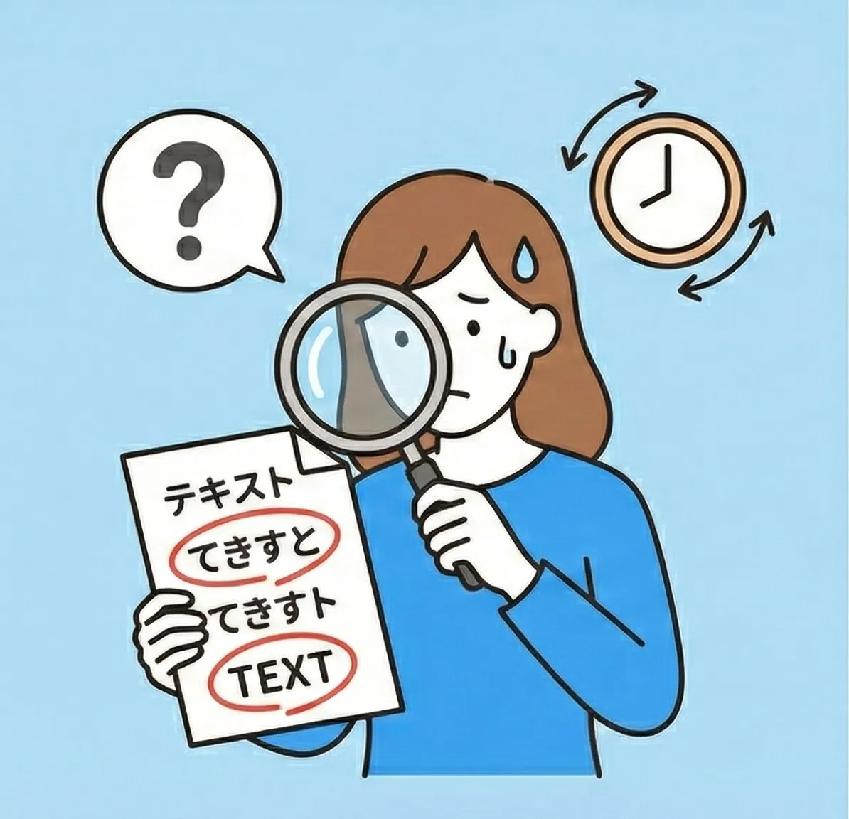 モニターを見つめながら、テキストを手作業で一文字ずつチェックしている様子のイラスト