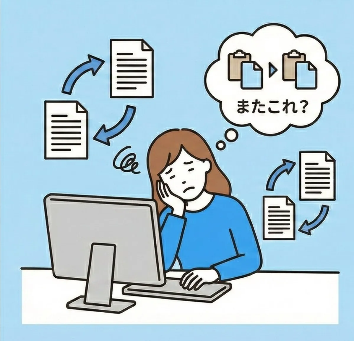 何十行もの同じ変換作業を繰り返し、少し疲れた表情をしている人物のイラスト