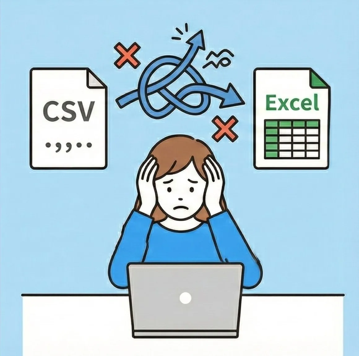CSVデータの区切り文字を、表計算ソフトへ貼り付ける前に手探りで調整している人物のイラスト