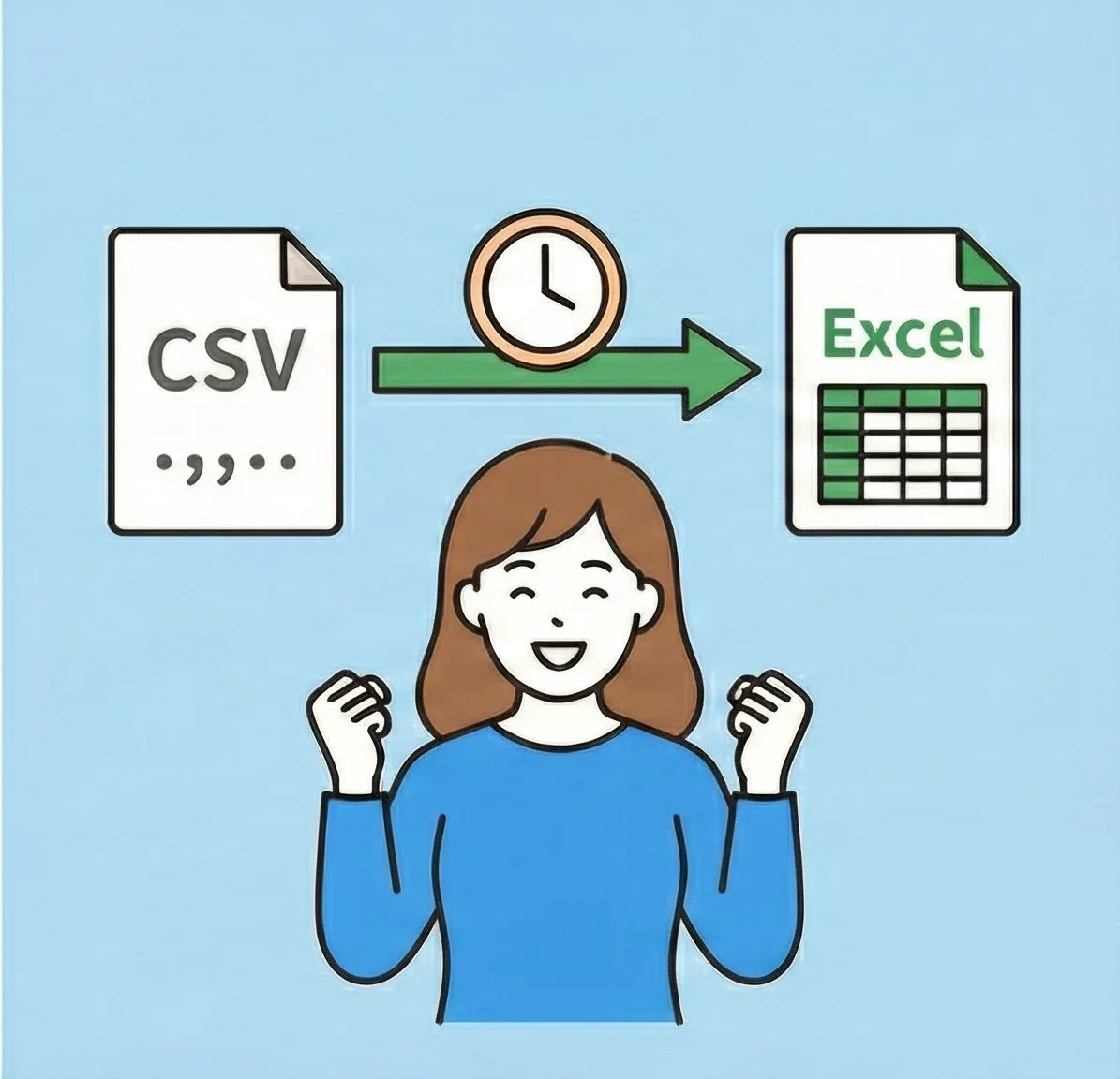 CSVからExcel形式への変換が完了して喜んでいる人物のイラスト